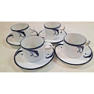Dansk Flora Bayberry Blue Set of 4 Flat Cups and Saucers